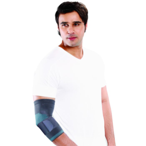 Elbow Support by Figure Fine providing firm compression, warmth, and support to the forearm and elbow joint, ideal for pain relief from arthritis, sports injuries, and stiffness.