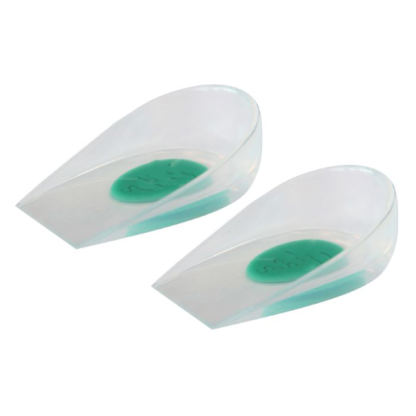 Silicone Heel Cups by Figure Fine shown providing soft cushioning with a gel spot at the heel bone to reduce pressure and relieve pain.