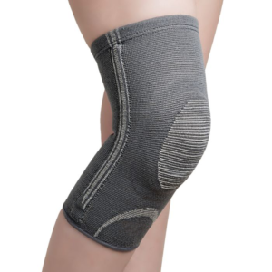 A knee cap with a patellar ring, made by Figure Fine, featuring advanced 3D woven material, removable silicone padding, and multiaxial hinges for optimal knee support and comfort.