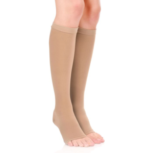 A pair of black Figure Fine Medical Compression Stockings designed to provide graduated compression, strongest at the ankle, to prevent varicose veins and support blood flow.