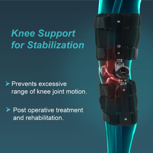 A versatile knee brace with adjustable straps and padding, designed to control and limit knee joint movement, offering customizable support for recovery and rehabilitation.