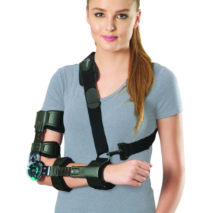 A black and grey ROM Elbow Brace by Figure Fine, designed to control and restrict elbow flexion and extension with a sophisticated dial system.