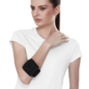 A black forearm band designed to relieve pain and tenderness in the forearm and elbow, ideal for industrial workers dealing with repetitive strain injuries.