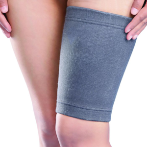 Thigh Support by Figure Fine shown providing firm compression, warmth, and support to alleviate pain and inflammation in the thigh area.