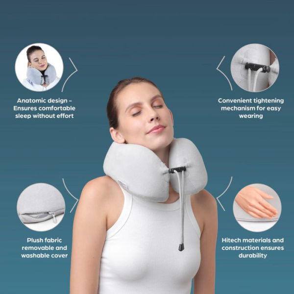 Travel Pillow by Figure Fine, anatomically contoured for full head support, ensuring comfort and relaxed neck muscles during travel.