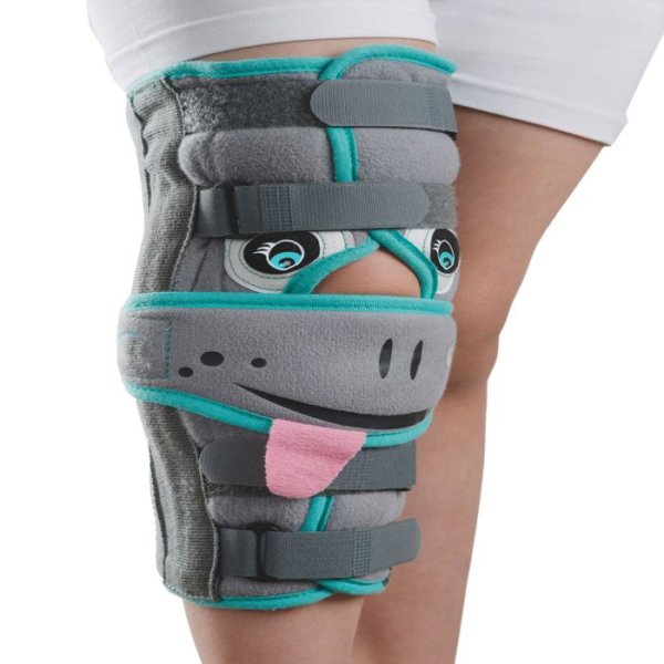 An image of the Figure Fine Knee Immobilizer Brace, showcasing its open wrap-around design and skin-friendly materials, designed for supporting and immobilizing injured or post-operated knee joints.