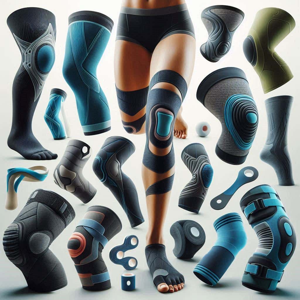 Different types of knee supports including Knee Wrap (Neo), Patellar Support Pro, Knee Cap, Knee Support Sportif (Neo), and Child Knee Wrap Hinged (Neo) by Figure Fine.